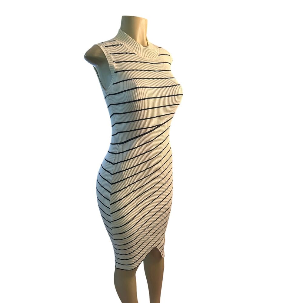 Women L AllSaints All Saints Amara Stripe Dress Ribbed Midi Bodycon Chalk White